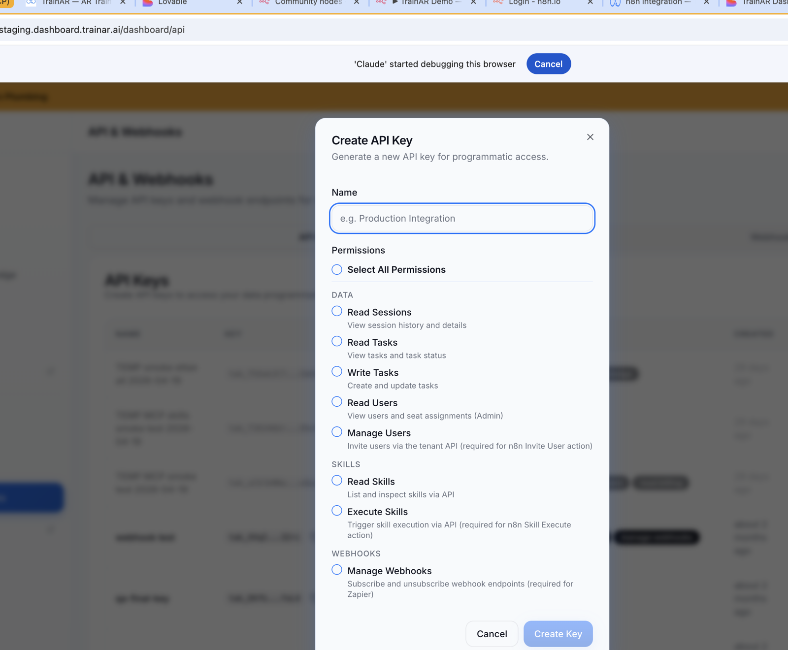 Create API Key modal