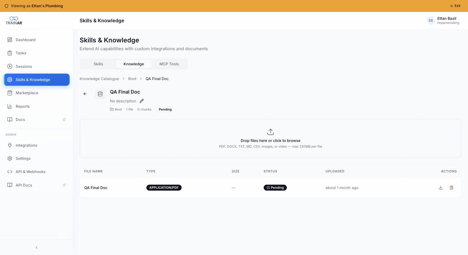 Knowledge source detail — drop files area + file processing status