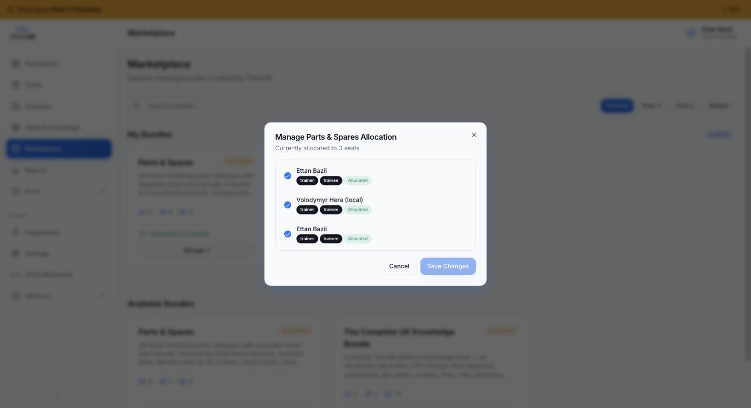 Manage bundle allocation modal — per-seat checkbox list with role + status badges