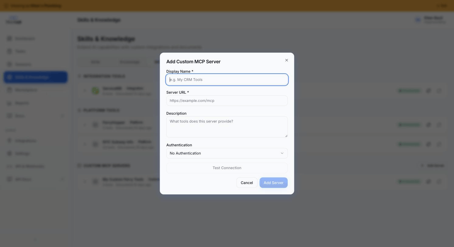 Add Custom MCP Server modal — display name, server URL, description, auth, test connection