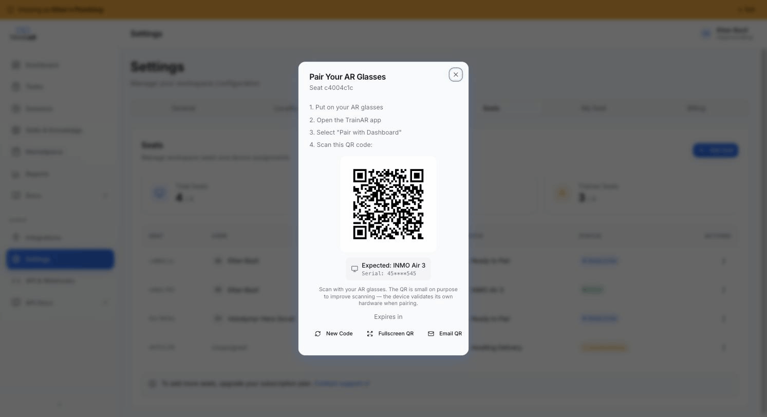 Pair Your AR Glasses modal — 4-step instructions, large QR code, expected device + serial, expiry countdown