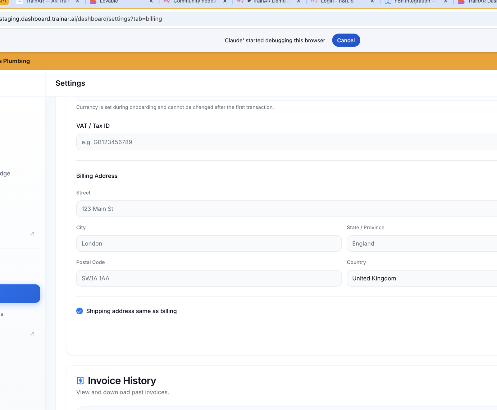 Billing details + Invoice History