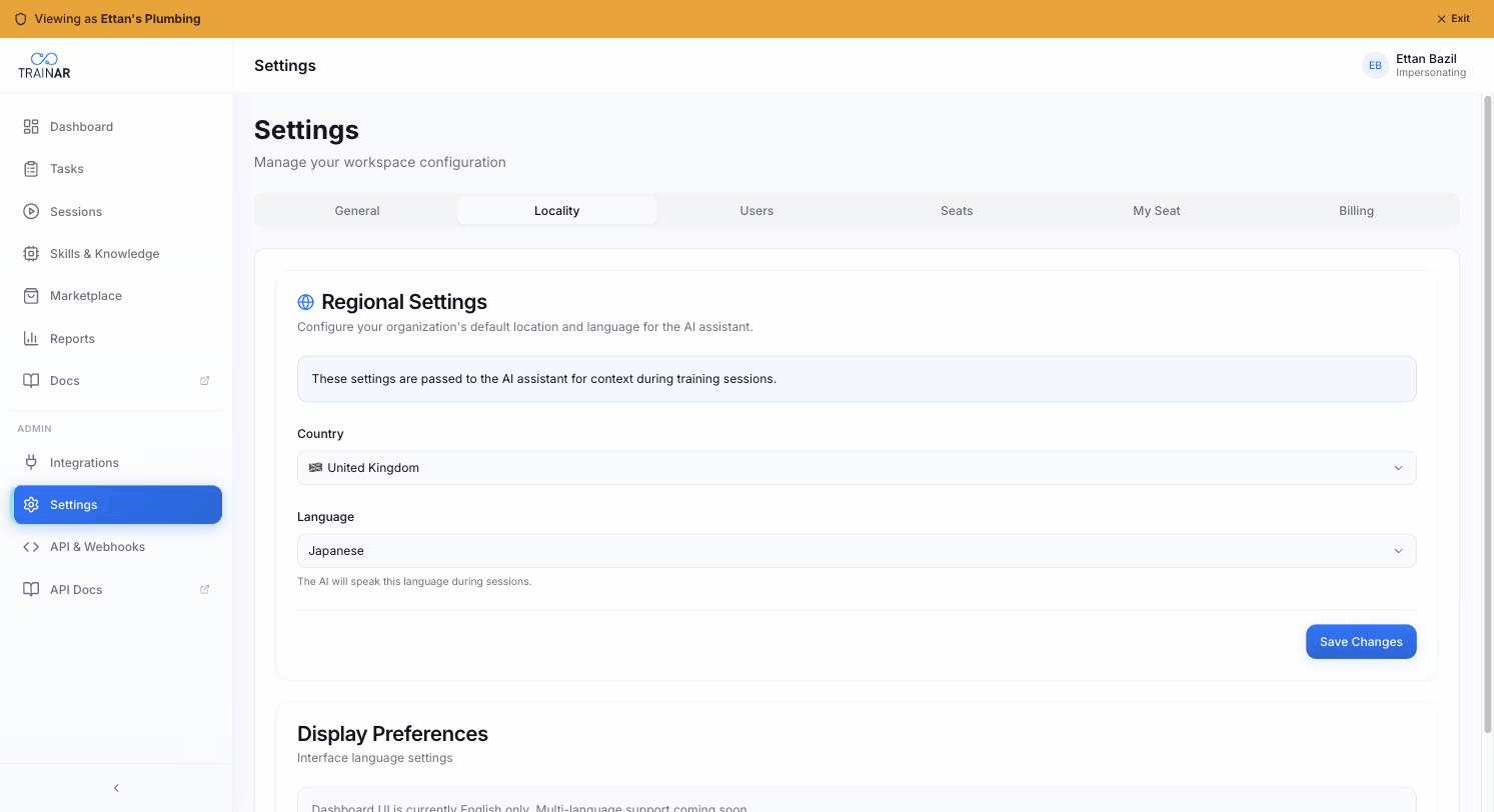 Settings → Locality — Regional Settings (Country + Language dropdowns) + Display Preferences info card