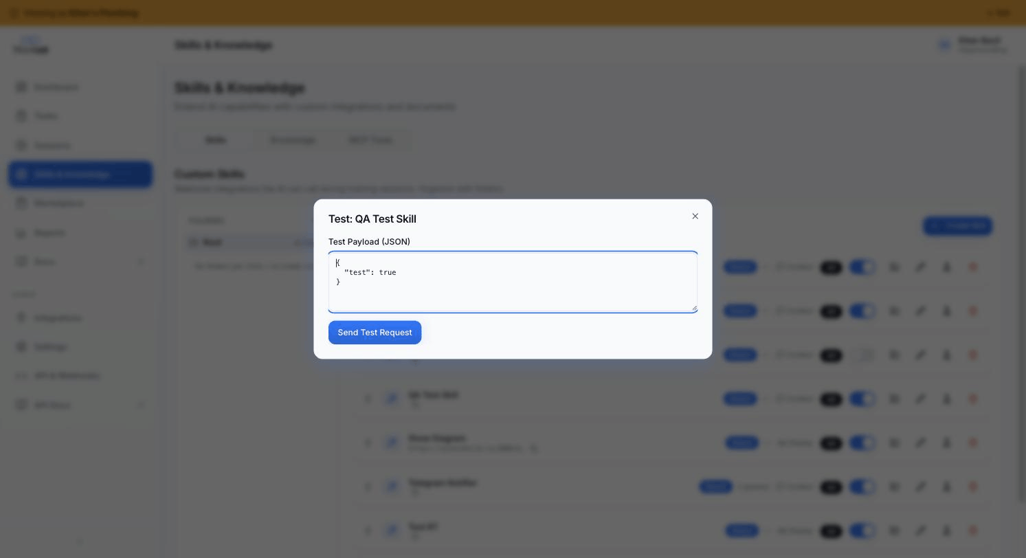 Test: QA Test Skill modal — Test Payload (JSON) textarea + Send Test Request button