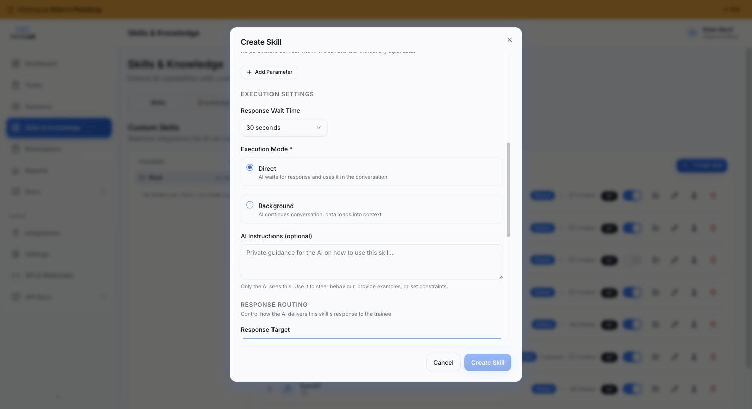 Create Skill modal — Execution Settings, AI Instructions, Response Routing
