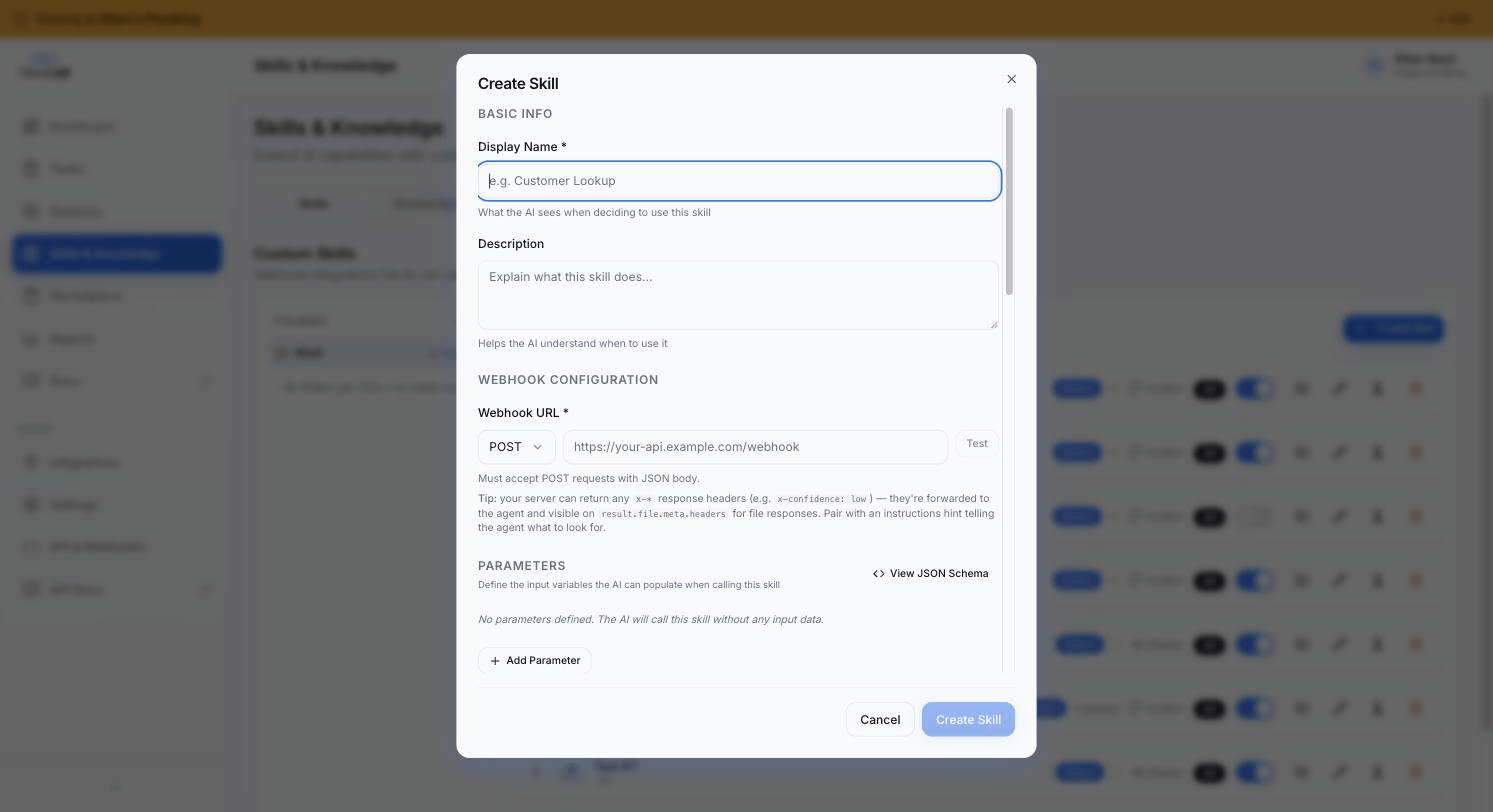 Create Skill modal — basic info + webhook configuration