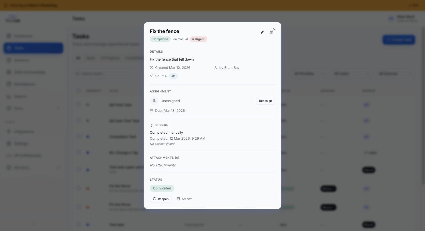 Task detail modal — title, urgent priority, completed status, details / assignment / session / attachments / status sections