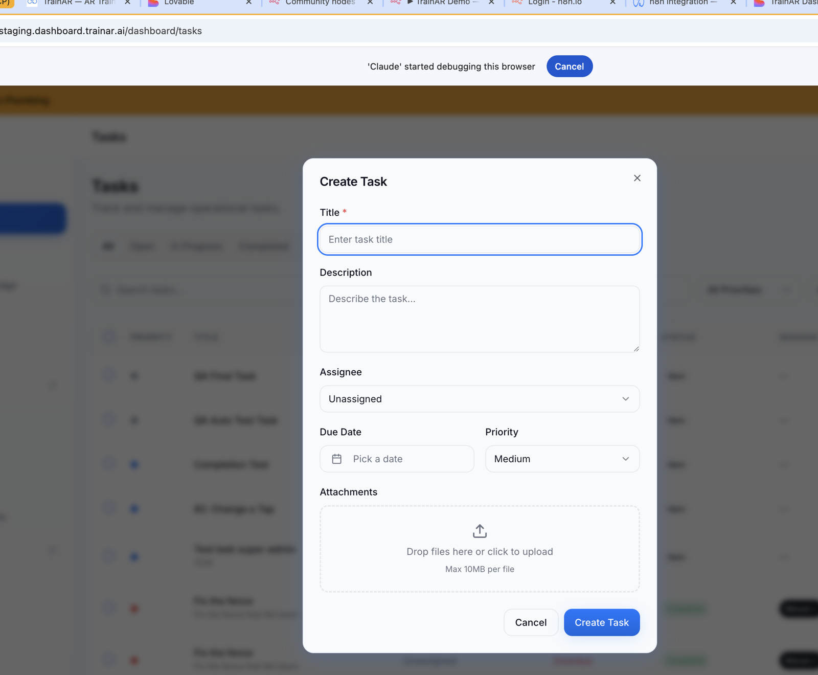 Create Task modal