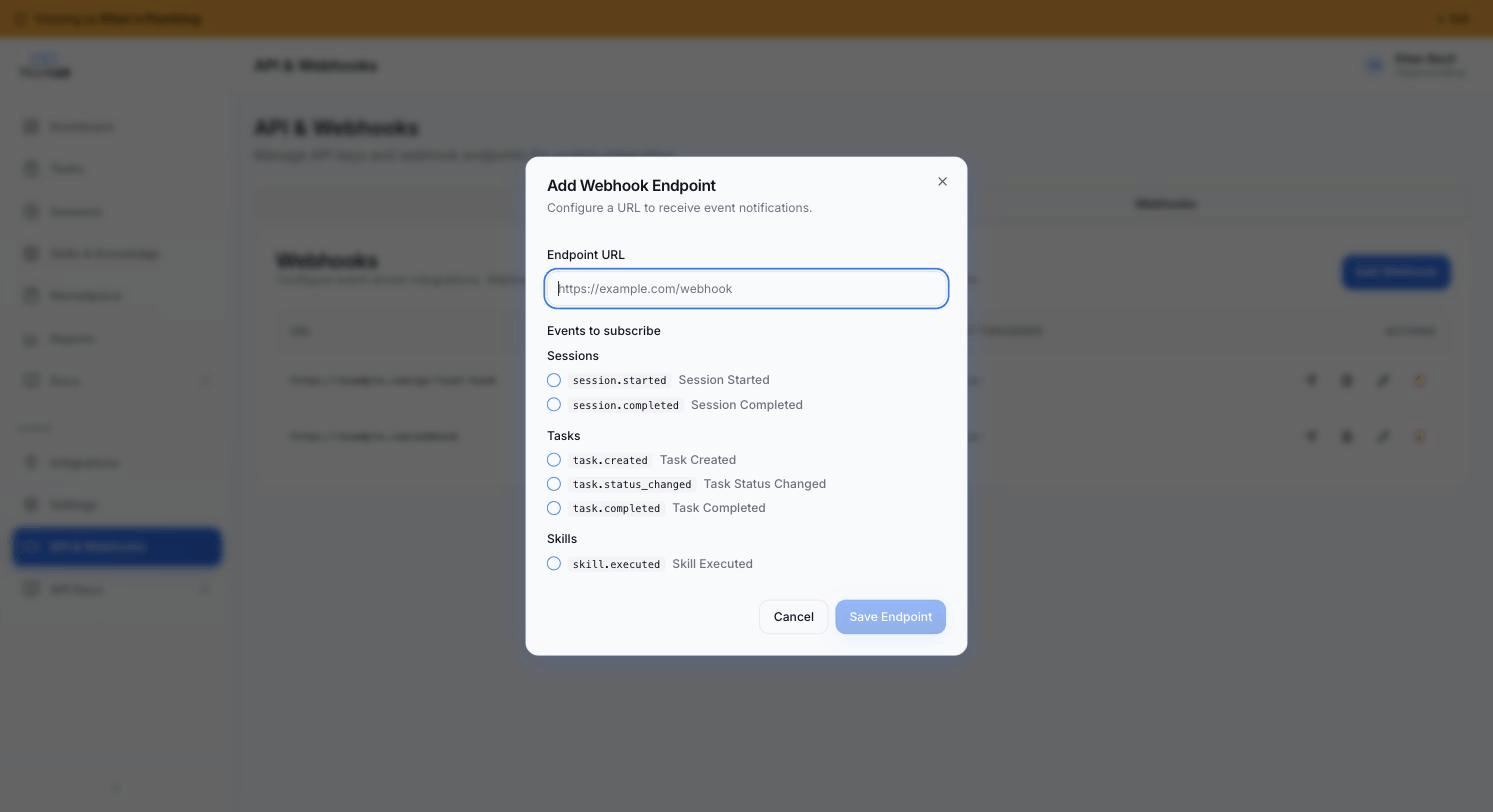 Add Webhook Endpoint modal — URL + event subscription checkboxes