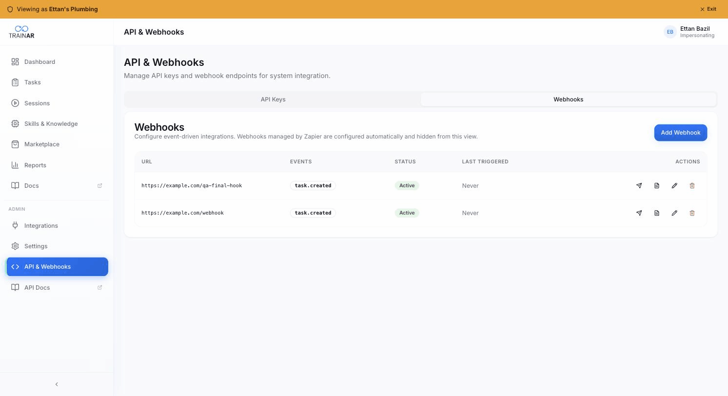 Webhooks tab — list of registered endpoints + Add Webhook button